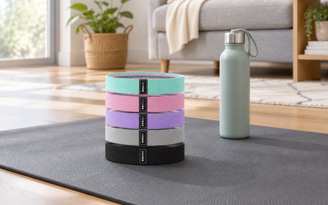 Set of fabric resistance bands stacked on a yoga mat