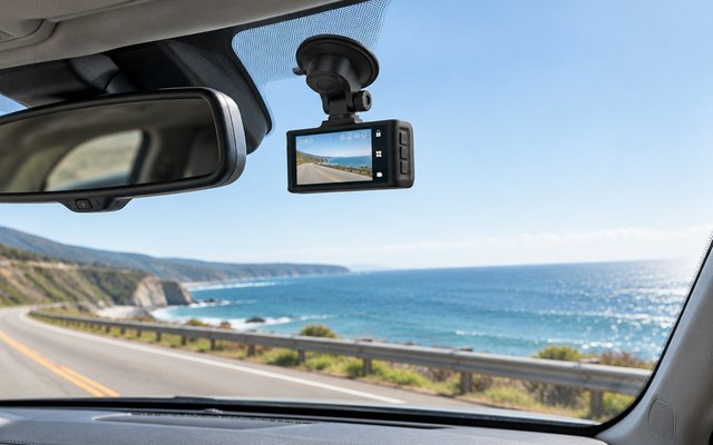 REDTIGER F7N dash cam, mounted on the inside of a car windshield beside the rear-view mirror, seen from the passenger side, a sunny coastal highway