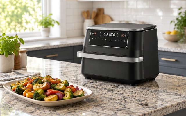Ninja Foodi FlexBasket air fryer, on a granite kitchen island beside a platter of roasted vegetables