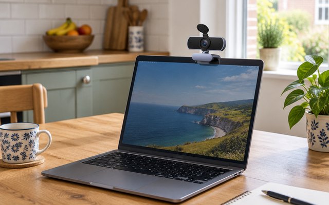 UGREEN webcam, clipped on top of an open laptop screen on a kitchen table in a British home