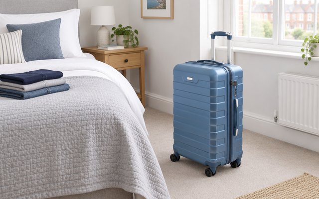 RMW 24in suitcase, standing beside a made bed in a bright bedroom