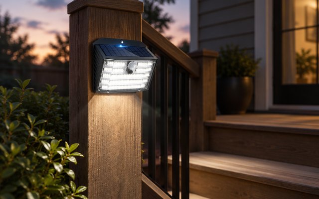 CLAONER solar motion light, on a wooden fence post beside back porch steps at dusk