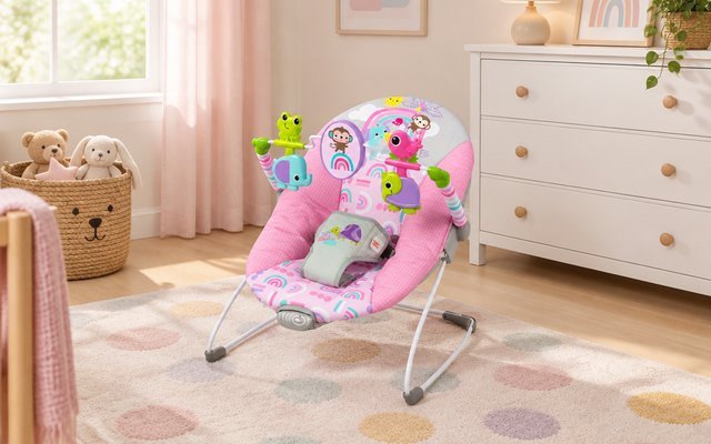 Bright Starts Pink Paradise Vibrating Baby Bouncer, pink vibrating baby bouncer with its toy bar on a pastel nursery rug beside a dresser, soft afternoon light