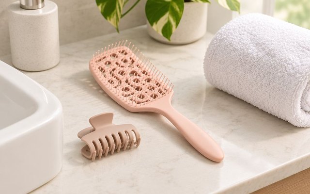 Champagne vented paddle brush on a bathroom counter beside a rolled towel