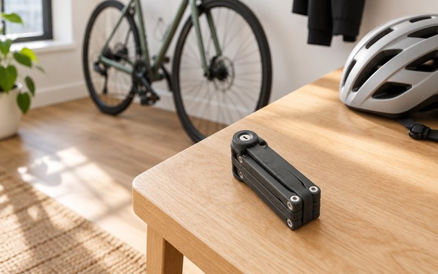 Seatylock Foldylock, folded up on a wooden entryway bench beside a cycling helmet