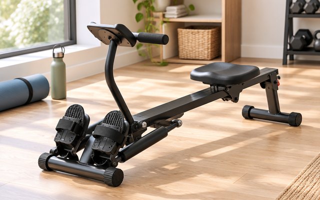 Sunny Health & Fitness Compact Hydraulic Rower, compact hydraulic rowing machine on a light wood floor in a bright home gym corner beside a rolled yoga mat