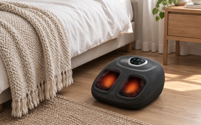 Shiatsu foot massager, on a bedroom floor beside a bed with a knit throw