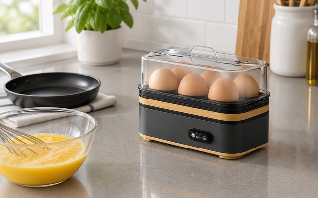 Evoloop Rapid egg cooker, on a gray quartz counter beside a small skillet and a bowl of whisked eggs