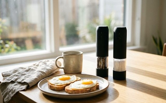 Slim black electric mills, on a breakfast table beside eggs on toast
