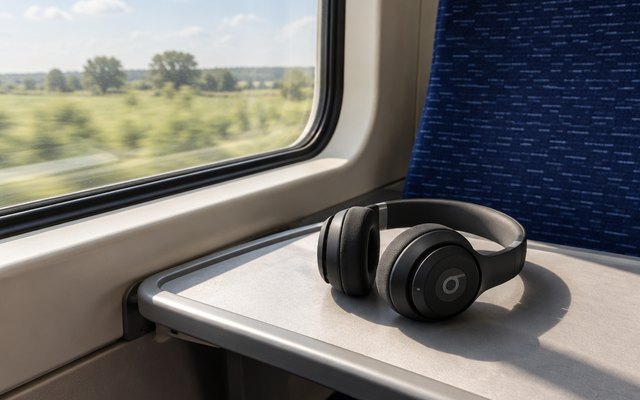 Beats Studio Pro headphones, on a train seat by a sunny window