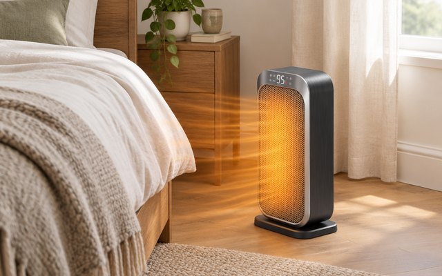DREO 319 space heater, on the floor beside a bed in a calm bedroom