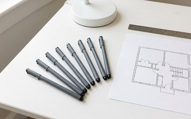 Eight grey fineliner pens fanned on a white desk beside a ruler and a floor-plan drawing