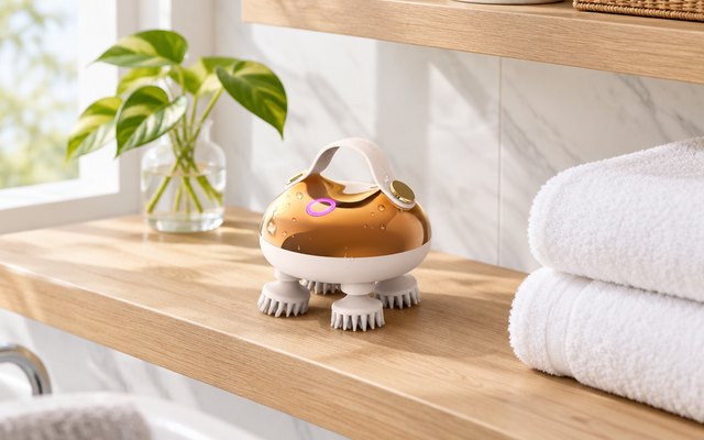 arboleaf scalp massager, on a bathroom shelf beside folded white towels