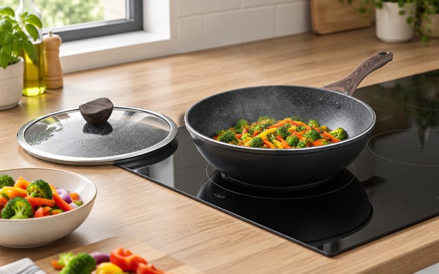 Kordisen 12-inch nonstick wok, on a black glass induction cooktop beside a bowl of chopped vegetables