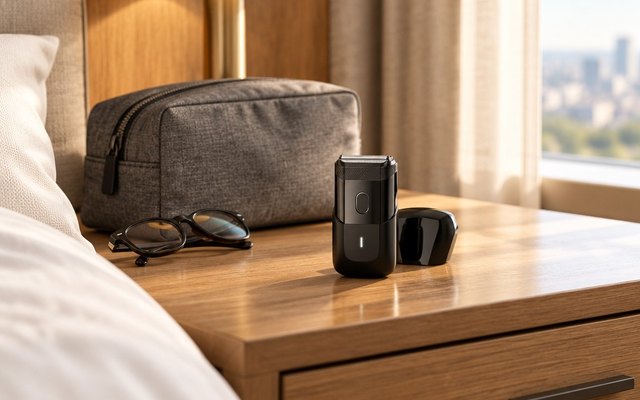 Compact black foil shaver on a hotel bedside table beside a toiletry bag