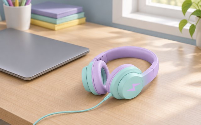 Candy Bila kids headphones, on a school desk beside a closed laptop