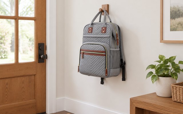Tuwubi diaper bag backpack, hanging on a wall hook by the front door of an entryway