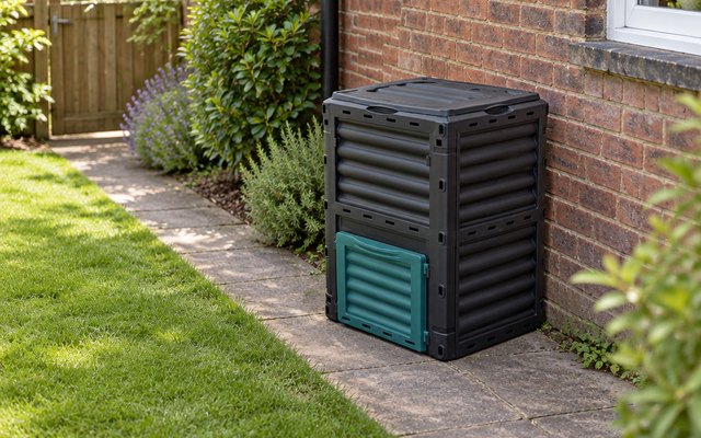 Compost bin, along the side path of a narrow British terraced garden by a brick wall, a strip of lawn beside it