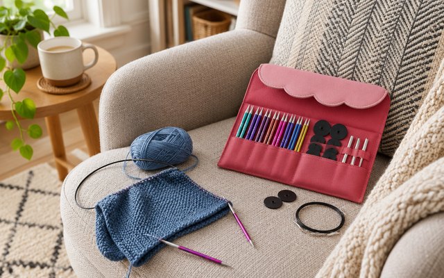 KnitPro Zing needle set, on an armchair in a cosy sitting room