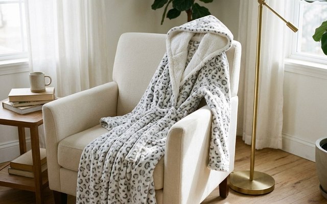 White hooded plush robe with a grey snow-leopard print draped over a cream armchair beside a floor lamp