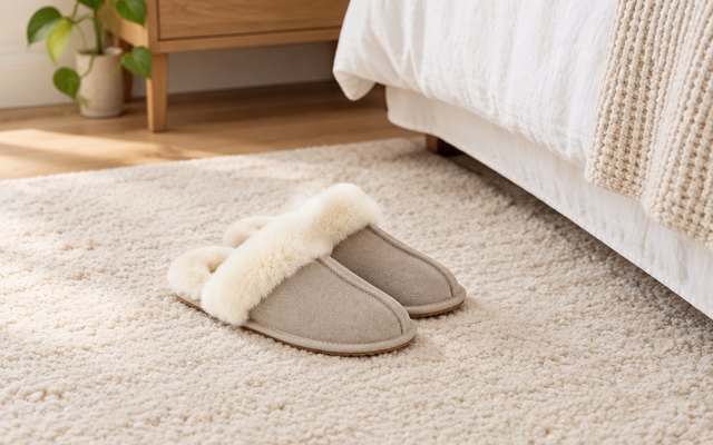 Sand suede slippers with a cream sheepskin collar, side by side on a cream rug beside a bed