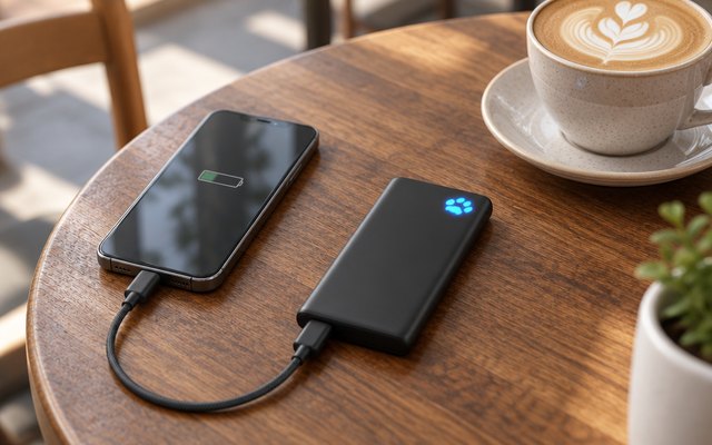 INIU 45W power bank, on a coffee shop table beside a phone and a latte