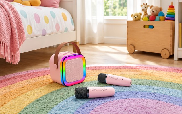 Dislocati mini karaoke machine, on the floor of a bright child's bedroom with a rainbow rug and a wooden toy box
