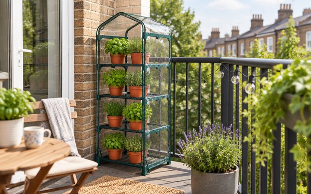 DIVCHI mini greenhouse, on the small balcony of a British flat beside the railings, pots of herbs inside