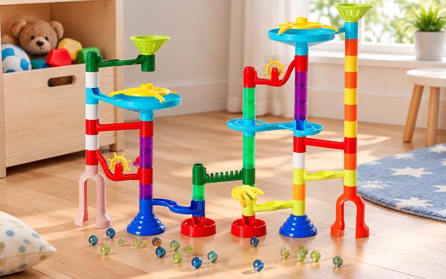 MaxTronic 110-Piece Marble Run, built on a wooden playroom floor, a toy box behind