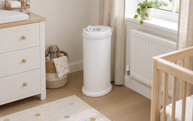 Steel nappy bin, in the corner of a nursery by a radiator and a window with curtains