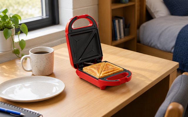 Tasty mini sandwich maker, on a small dorm room desk beside a mug and a plate