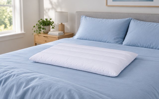 MINUPWELL thin pillow, on a bed with soft blue sheets in a modern bedroom