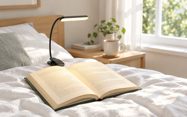 A black wide-headed clip-on book light glowing over an open hardback on a white duvet