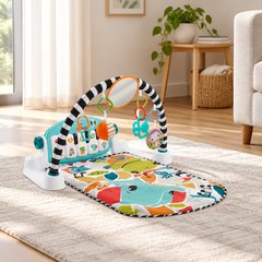 Fisher-Price Kick & Play Piano Gym, on the floor of a sunny living room beside a sofa
