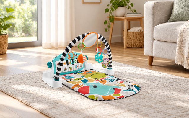 Fisher-Price Kick & Play Piano Gym, on the floor of a sunny living room beside a sofa