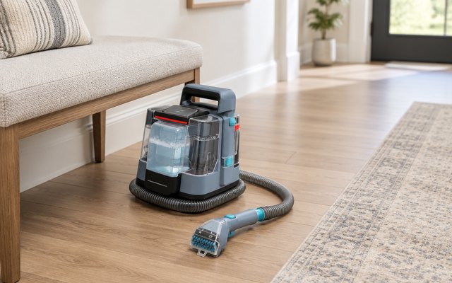 Portable spot cleaner on a hallway floor beside a fabric bench, its hose and tool resting beside it
