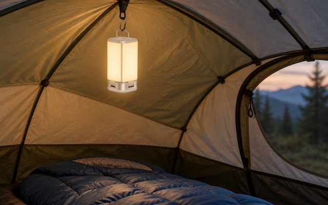 Blukar rechargeable camping lantern, hanging by its hook from the loop at the top of a roomy dome tent, lighting the inside, a sleeping bag below