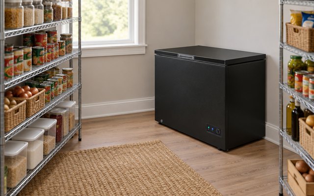 Frigidaire chest freezer, in a spacious walk-in pantry with wire shelves of canned goods