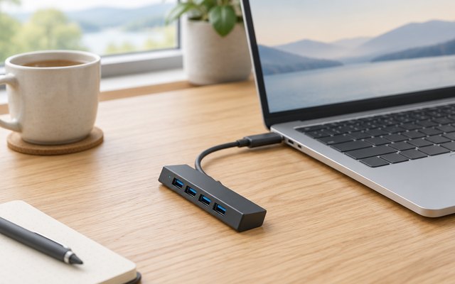 Anker 4-in-1 USB-C hub, beside a laptop on an oak desk