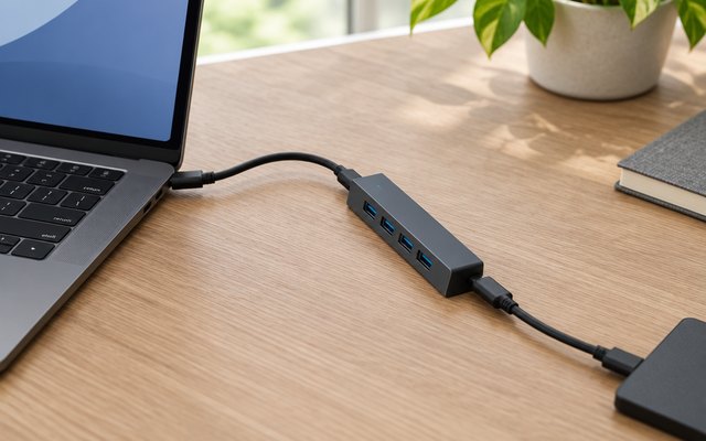 Anker 4-in-1 USB-C data hub, on a desk beside a laptop