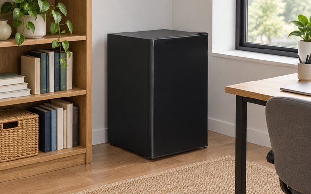 Igloo mini fridge, in a home office next to a bookshelf