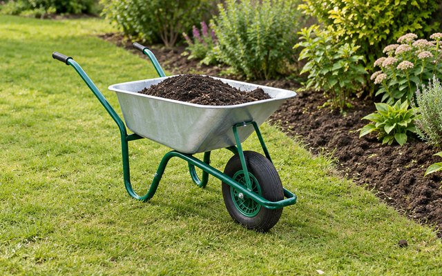 KCT galvanised wheelbarrow, on a lawn beside a freshly dug border, loaded with compost