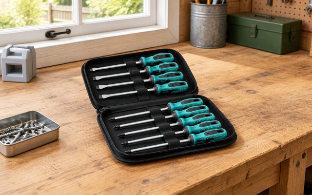 Ten teal-handled screwdrivers in their open zip case on a workbench