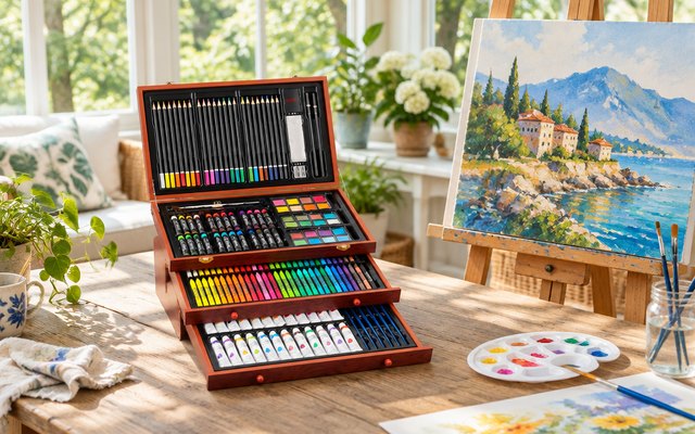 Soucolor 192-piece art set, on a table in a bright sunroom beside an easel