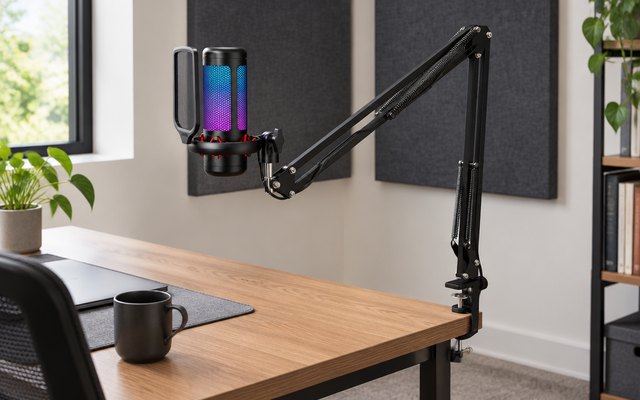 TONOR TC310+ microphone kit, clamped to a desk in a podcast corner of a spare room with acoustic panels