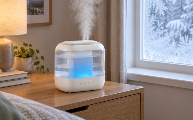 Humidifier misting on a bedroom dresser on a winter morning