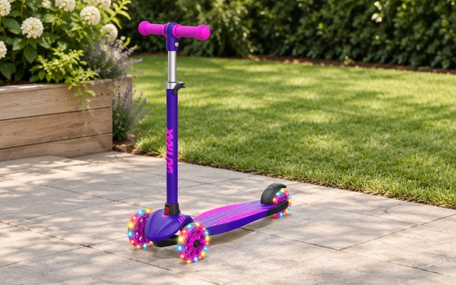 Gotrax KS1 kids' scooter, standing on a backyard patio at the edge of the lawn