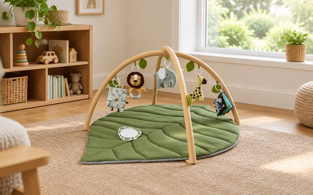 Blissful Diary leaf play gym, in a playroom beside a low wooden toy shelf and a window