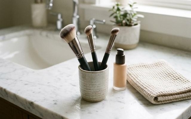 Three angled kabuki makeup brushes in a cup on a marble bathroom vanity
