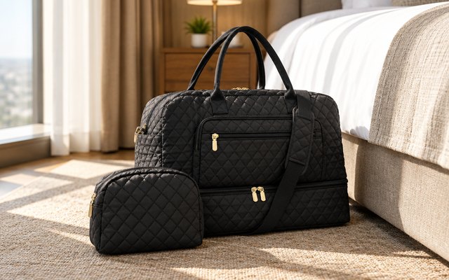 LUOCIP Travel Duffel Bag, on the floor of a hotel room beside the bed, sunlight